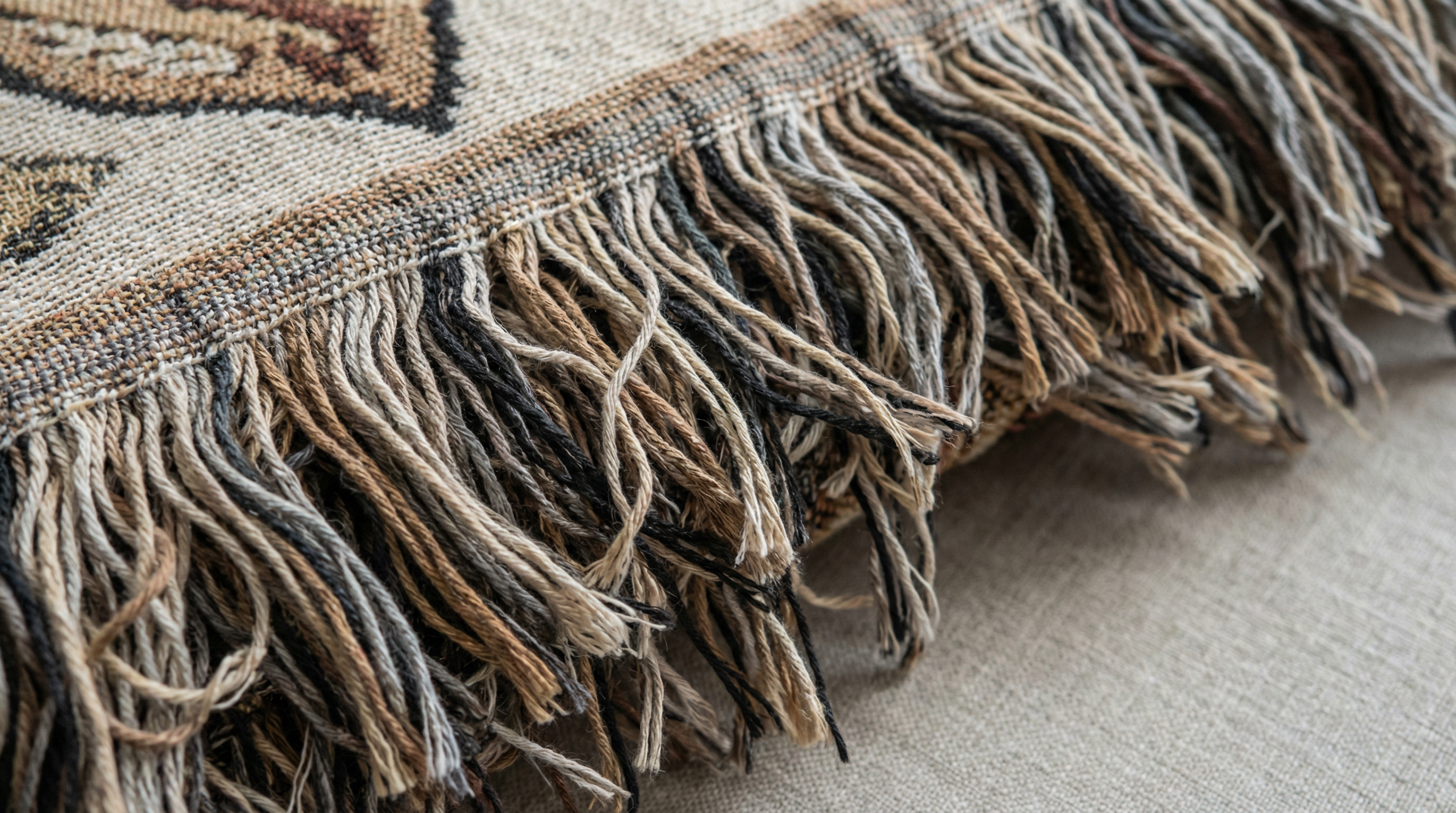 Hand-finished fringe with multi-colored threads from the weaving